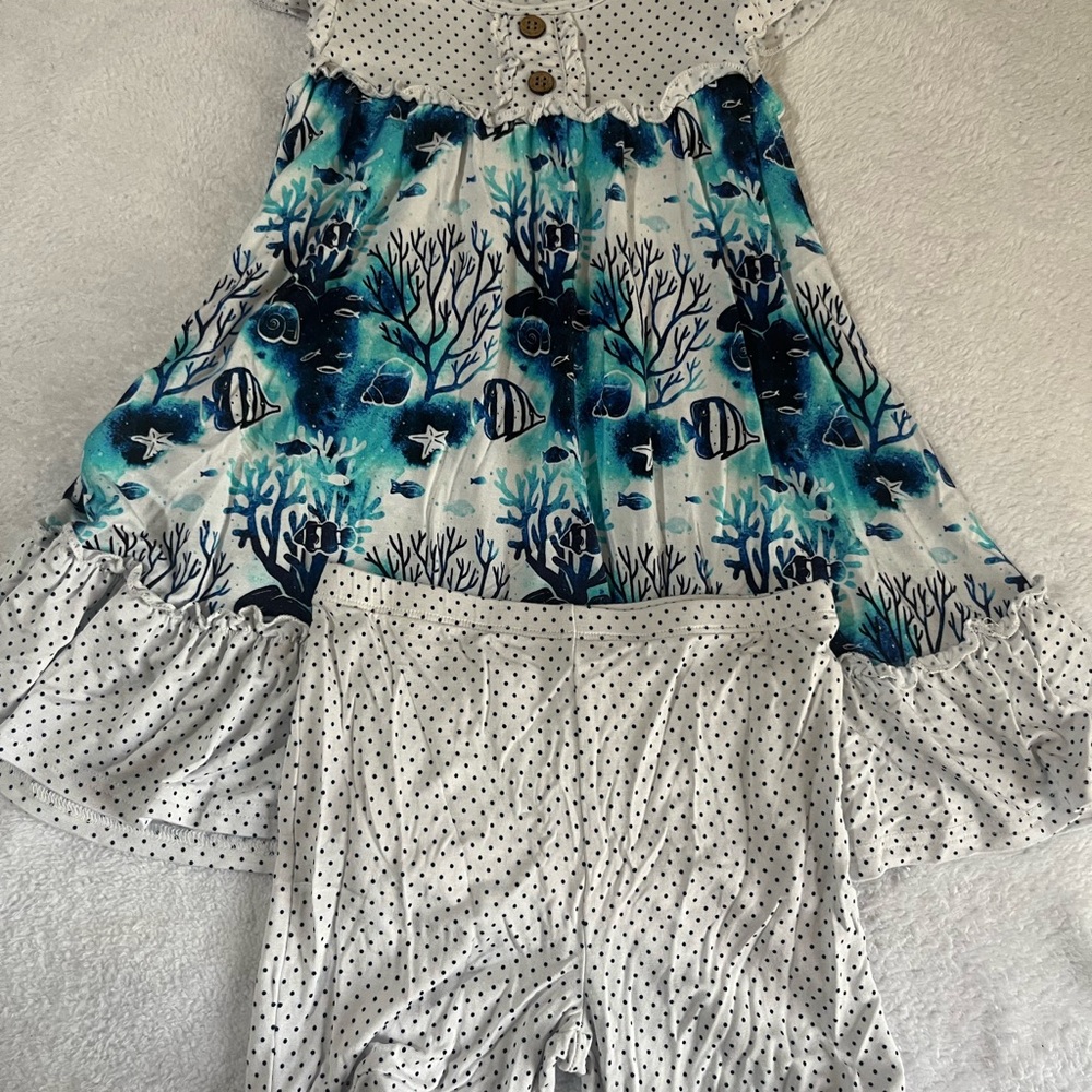 Dreamiere bamboo Ocean-Themed Dress and Polka Dot Shorts Set